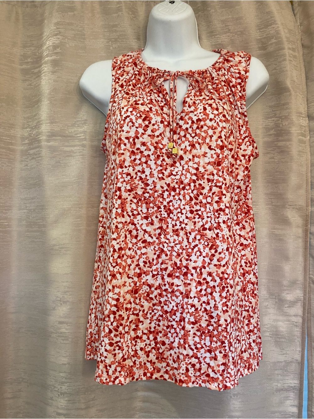 Michael Kors Red, Peach and White Floral Blouse with Elastic Tie Neck small